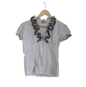 Woman's White & Black Formal Ruffled Short Sleeve Blouse- Size X-Large